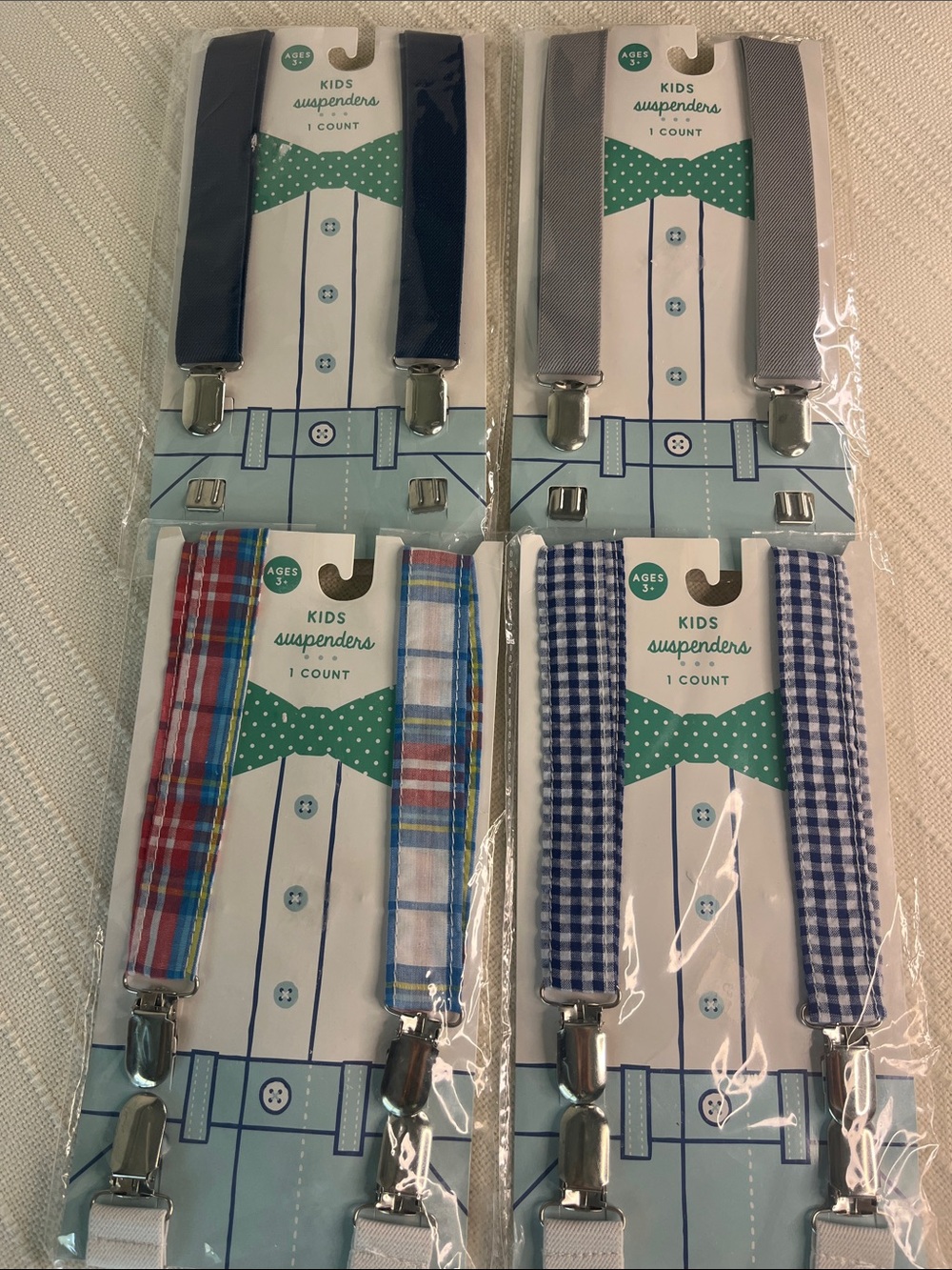 Kids Suspenders 4 pairs Gray, Red Plaid, Blue Gingham (new 4- Packs) size: 3+ yr